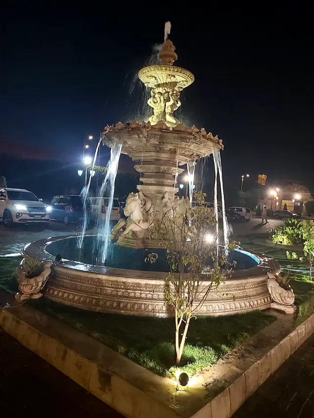 Forecourt fountain at night